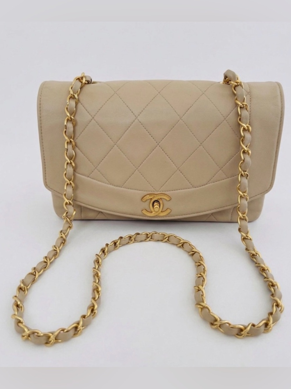 Vintage CHANEL Diana Small Flap Bag Beige Lambskin 24k Gold Hallmark StickerCard